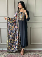 Partywear Designer Viscos Chanderi Black Stitched Suit With Dupatta - Tanisha | Grocsy