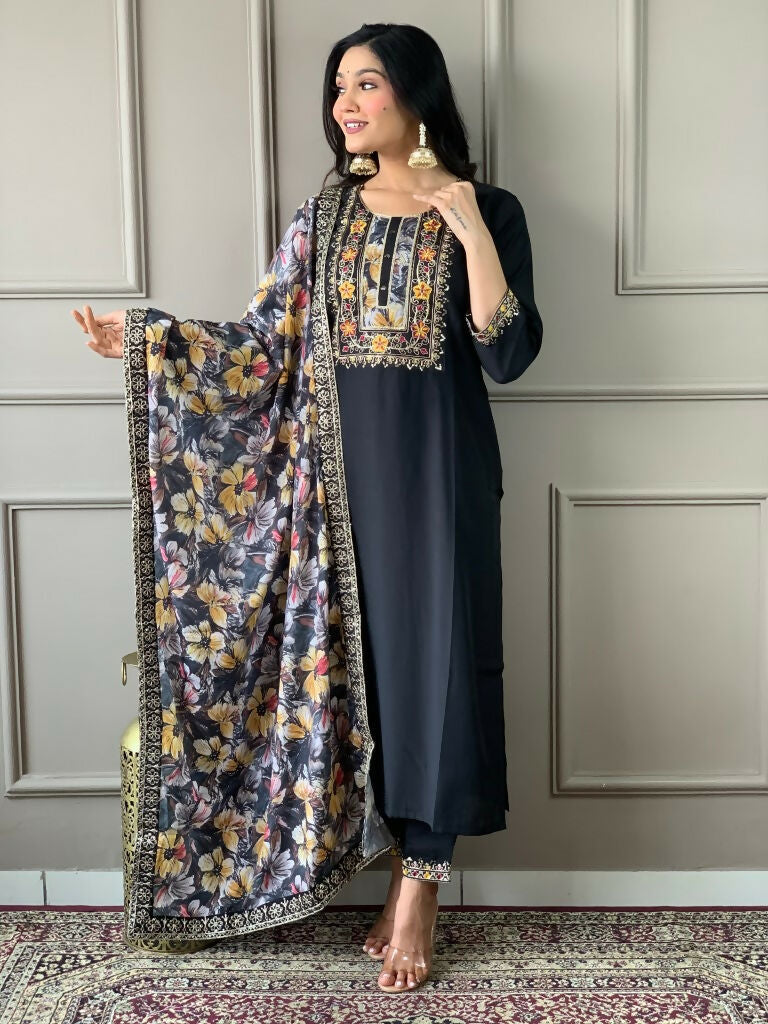 Partywear Designer Viscos Chanderi Black Stitched Suit With Dupatta - Tanisha | Grocsy