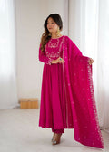 The52 Women's Beautiful Embroidery Work Roman Chanderi Silk Fabric Flared Anarkali Pant and Dupatta Set | Grocsy