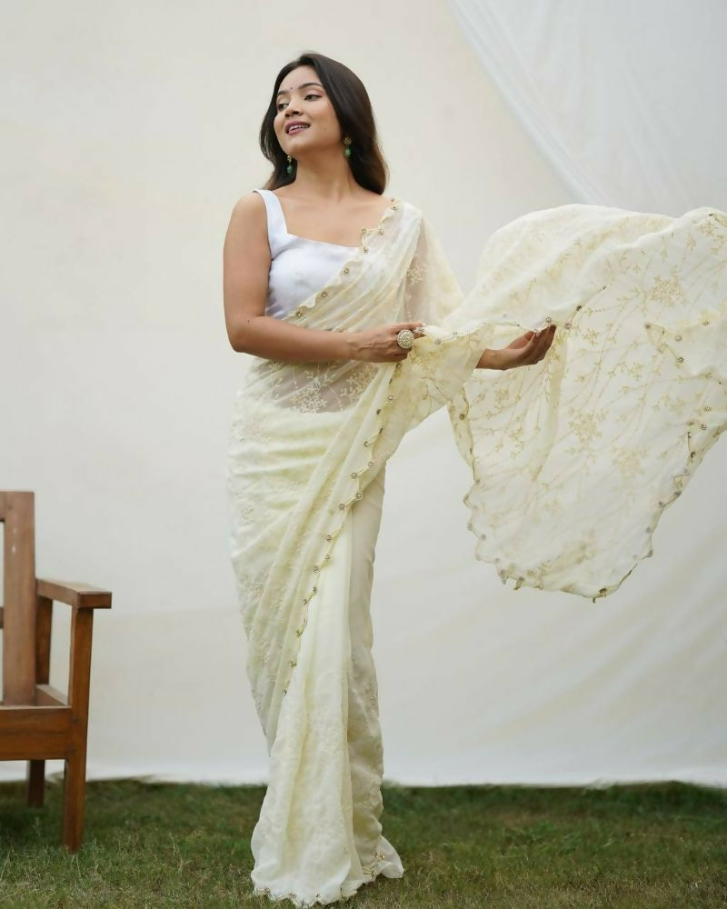 Vamsee Kimora White Georgette Saree | Grocsy