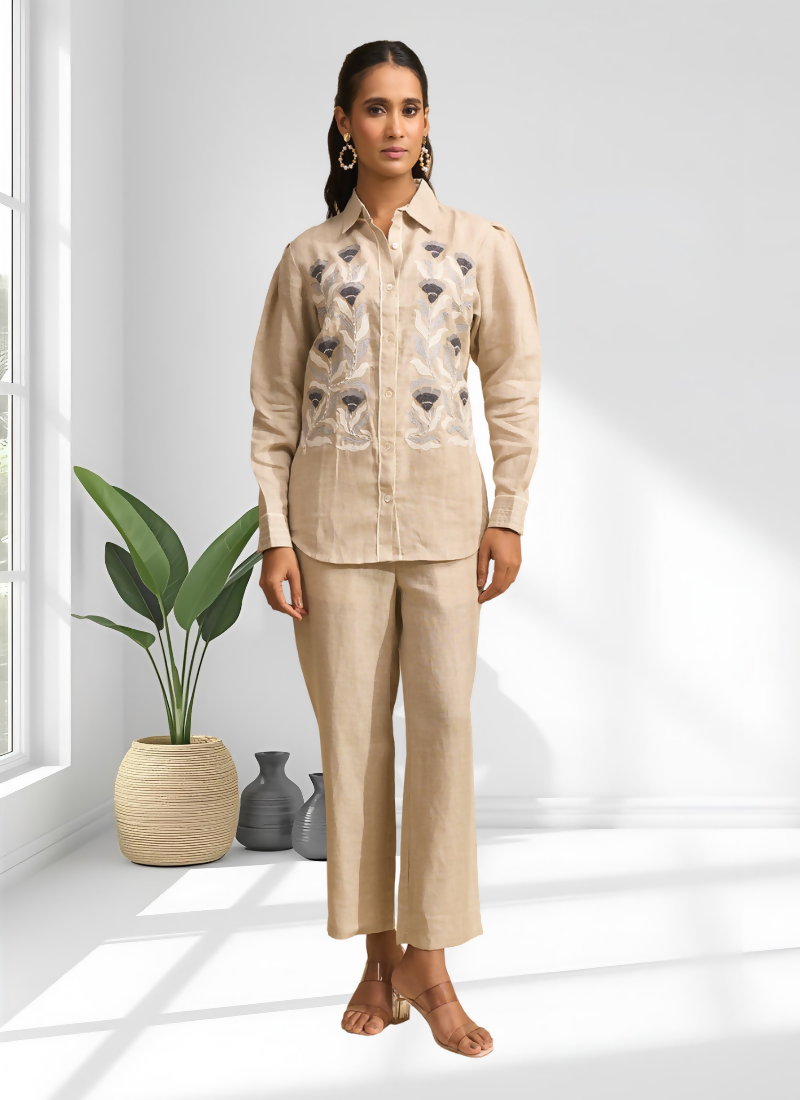 Joban Fashion Beige Linen Embroidered Readymade Cord Set | Grocsy