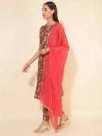 Janasya Women's Brown Crepe Digital Floral Printed Festive Straight Kurta Set | Grocsy