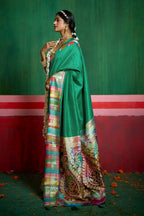 Joban Fashion Tushar Silk Bottle Green Colored With Zari Border And Designer Pallu Saree | Grocsy
