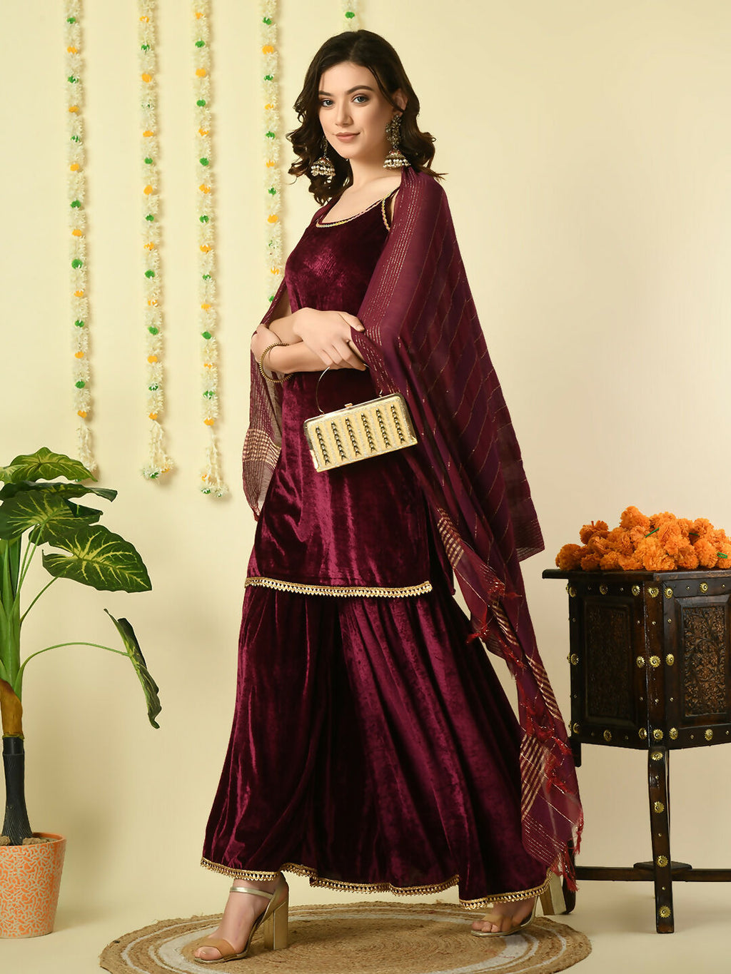 Myshka Women's Magenta Velvet Kurti & Sharara With Dupatta Party Sets | Grocsy