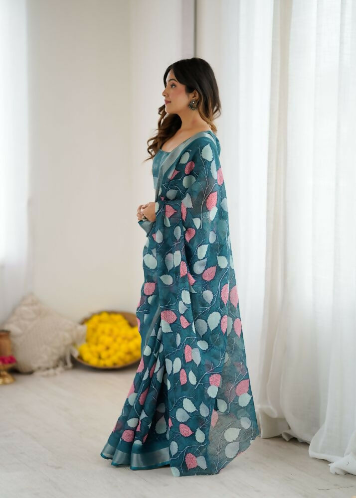 PR Fashion Morpich Linen Patta Printed Saree | Grocsy