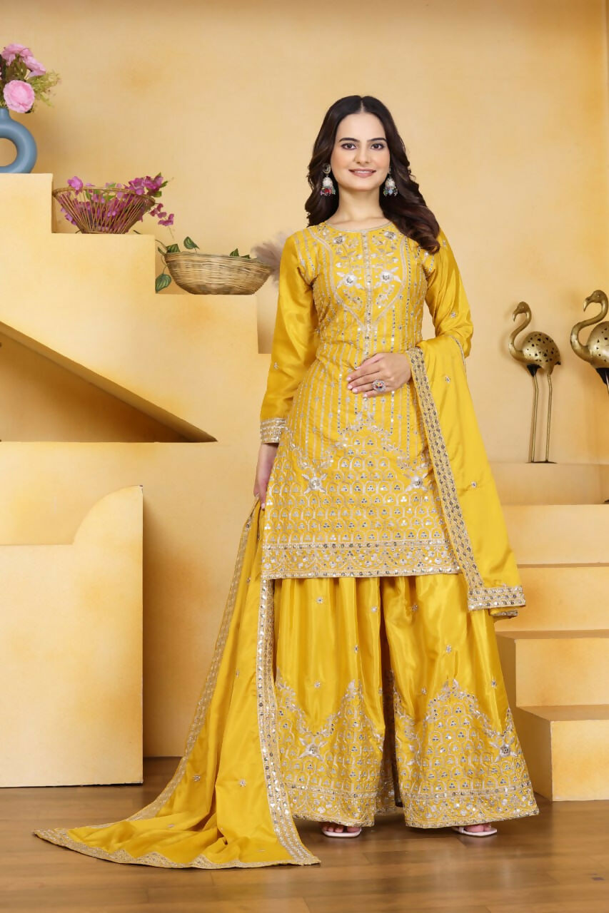 Teeya Creation Yellow Color Natural Crepe Silk Wedding Wear Trending Palazzo Set | Grocsy