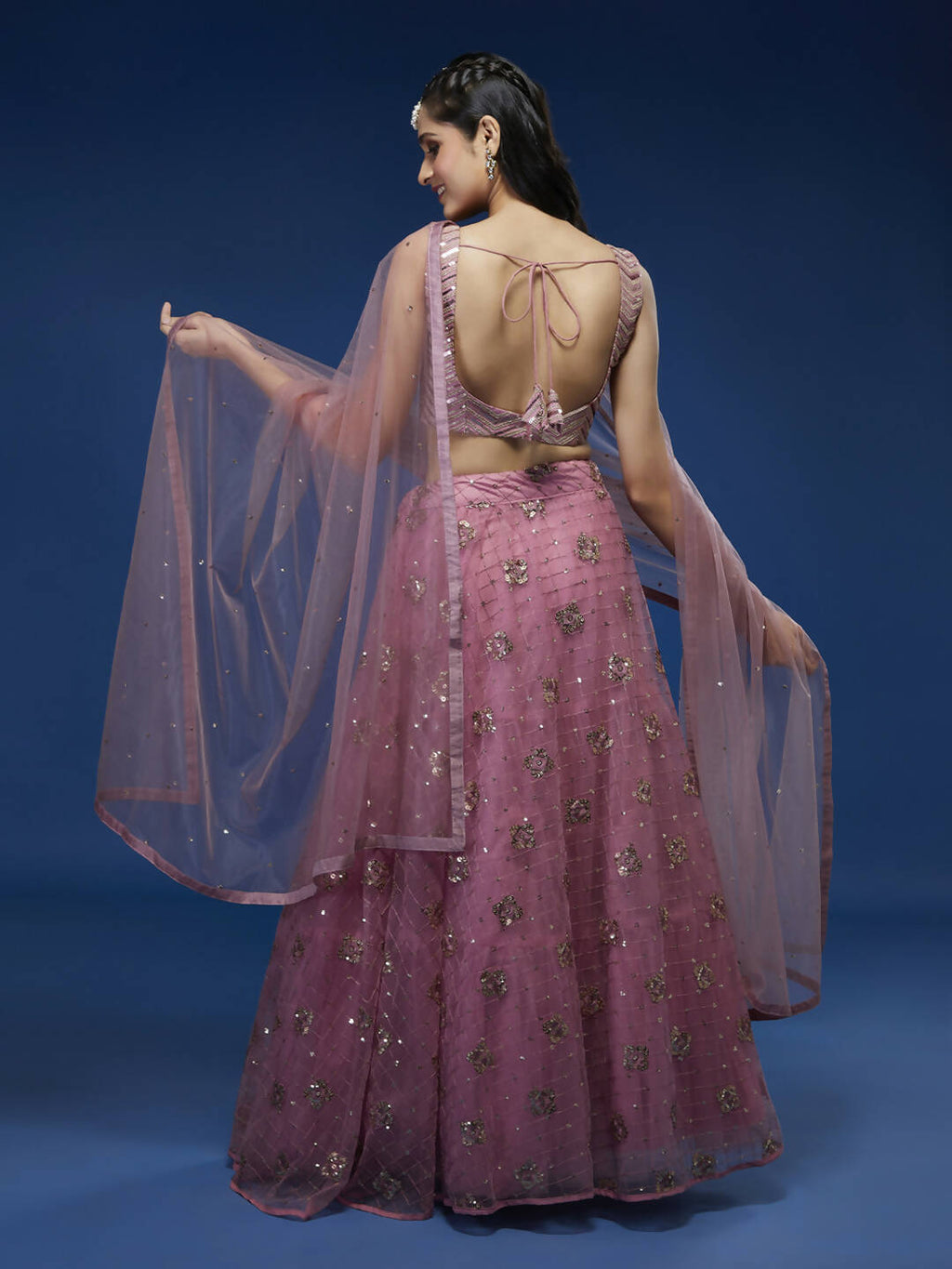House of Panchhi Pink Net Sequinse Embroidered Lehenga & Blouse with Dupatta | Grocsy
