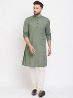Even Apparels Green Color Linen Linen Men's Kurta With Band Collar | Grocsy