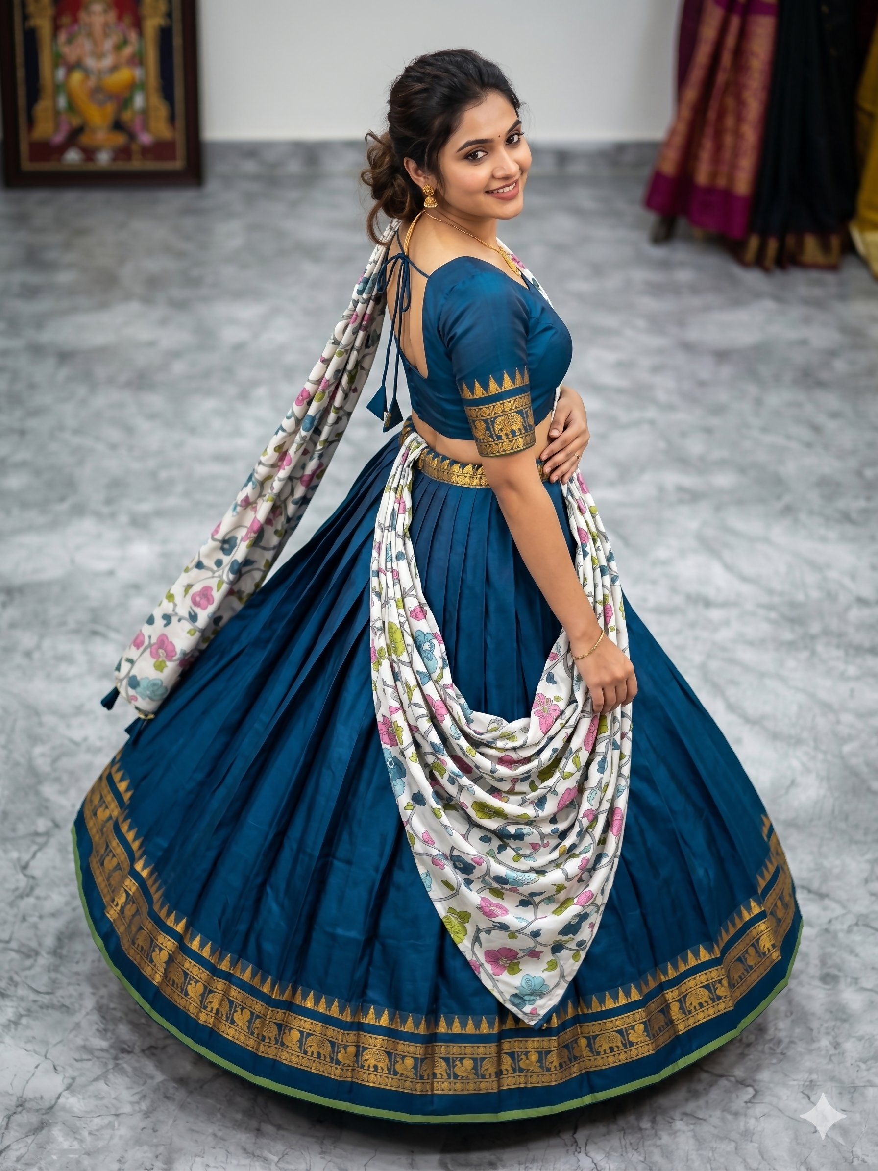 Teeya Creation Womens New Trendy Teal Blue Traditional Pleated Lehenga Choli Set with Floral Printed Dupatta and Contrast Zari Border Set | Grocsy