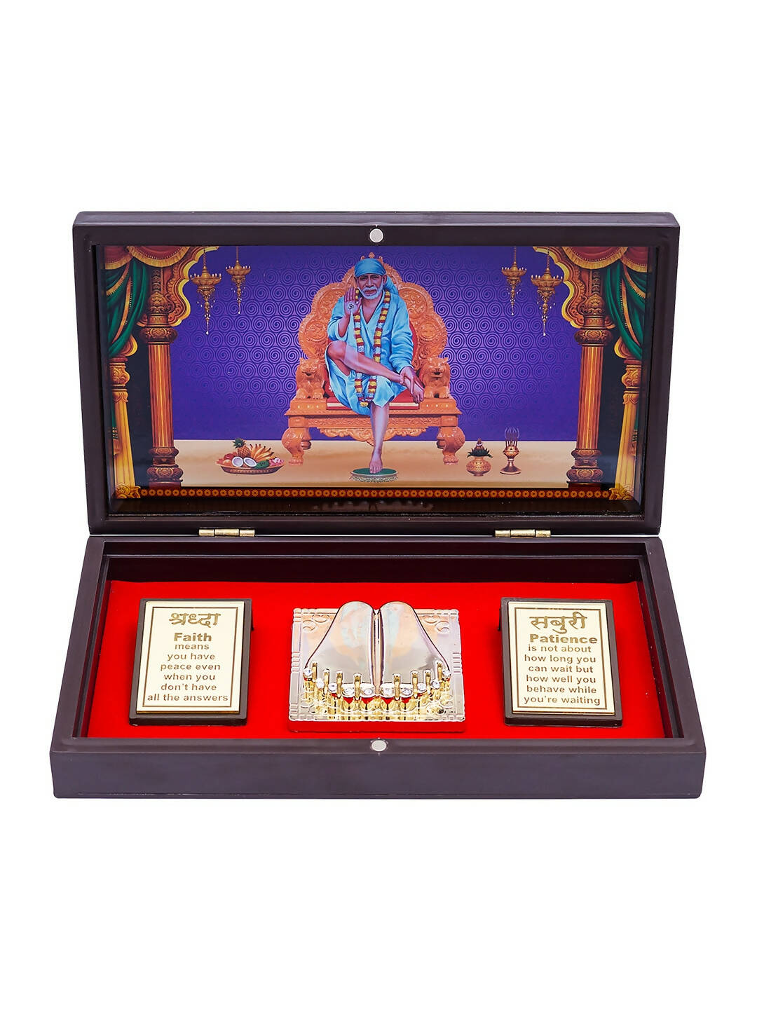Golden Peacock Brown & Blue 24 CT Gold Foil Wooden Sri Sai Baba Pooja Box | Grocsy