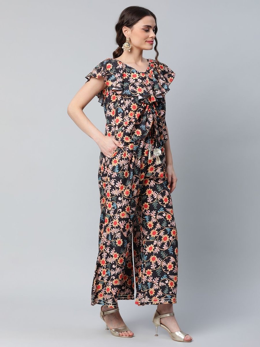 Ahalyaa Women Black Crepe Digital Print Top with Palazzo Set | Grocsy