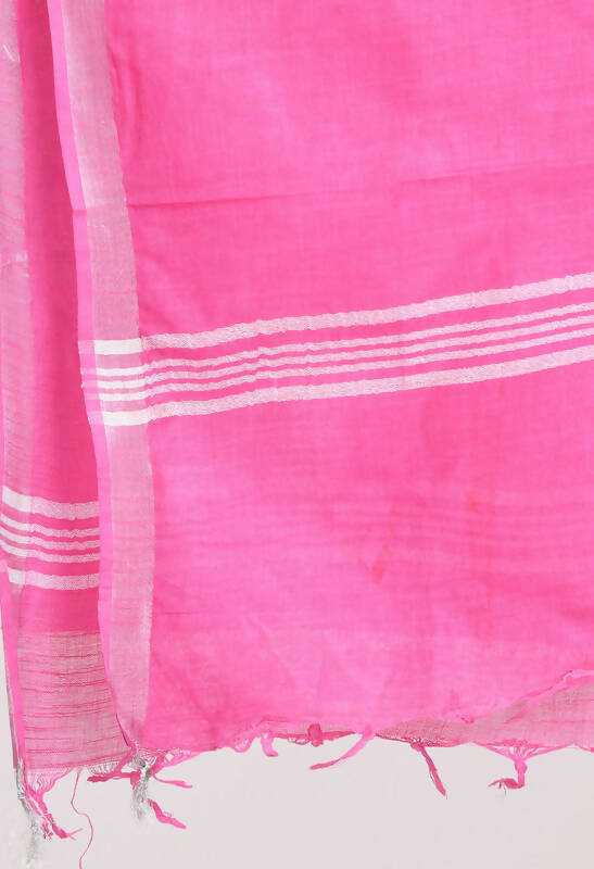 Mominos Fashion Moeza Women's Linen Cotton Silver Border Dark Pink Dupatta | Grocsy