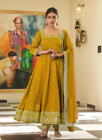 Teeya Creation Yellow Color Pure Vichitra Silk Embroidery Work Party Wear Gown | Grocsy