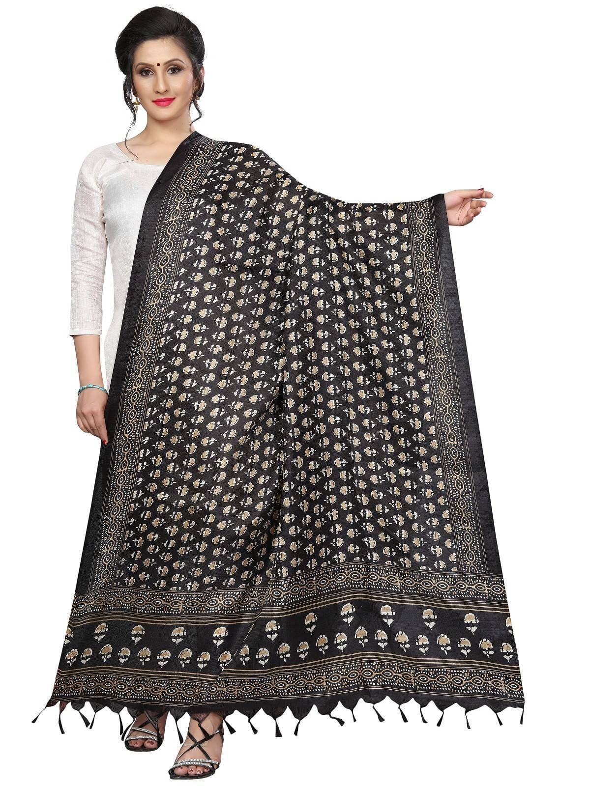 Vamika Latest Fashion Black Printed Khadi Bhagalpuri Dupatta For Girls | Grocsy