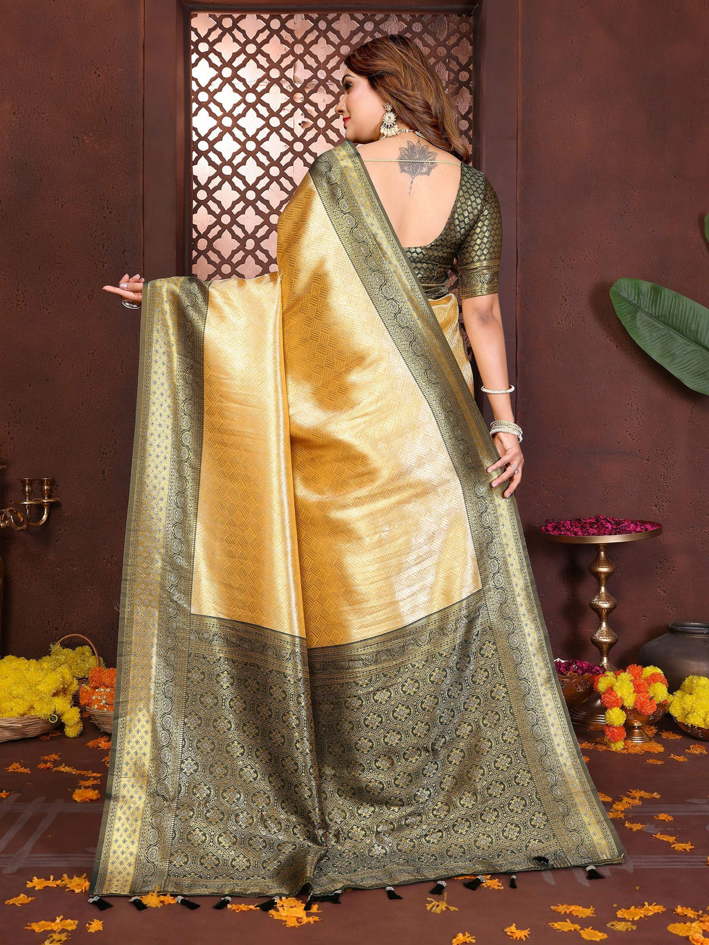 Aastha Fashion Cream Tissue Silk Woven Saree | Grocsy