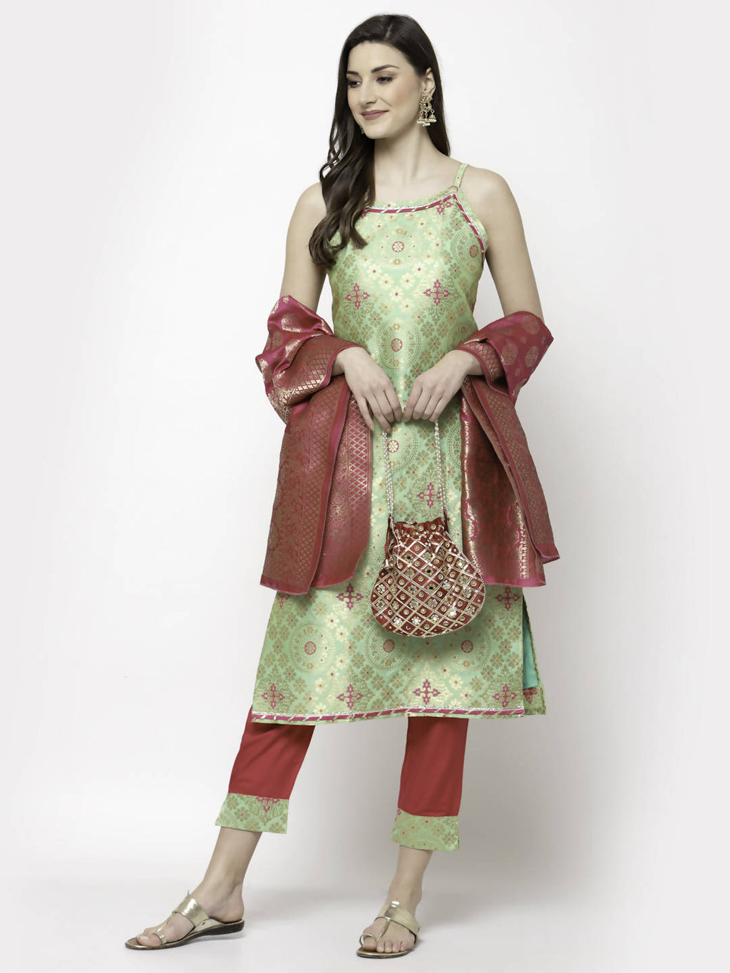 Myshka Green Jacard Printed Sleeveless Round Neck Kurta Pant Dupatta Set | Grocsy
