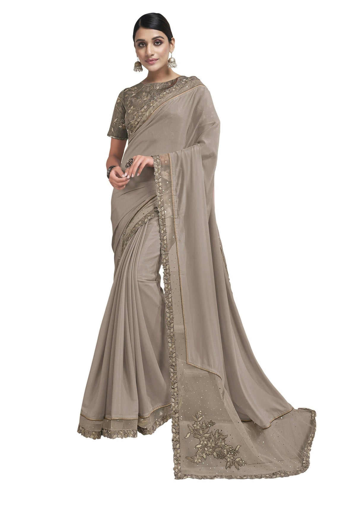 Beige Silk Georgette Embroidered Border Saree With Blouse Piece - Norita Avyaan | Grocsy