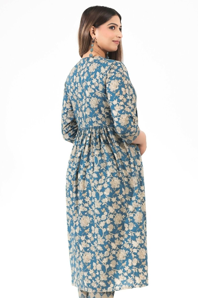 Aramya Blue Soft Cotton Gold foil A-line Kurta for Women | Grocsy