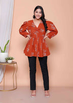 Miravan Womens Rust Floral Printed Balloon Sleeves V Neck Butterfly Top | Grocsy