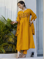 The52 Women's Beautiful Cotton Fabric Thread Work Straight Kurta Pant and Dupatta Set | Grocsy