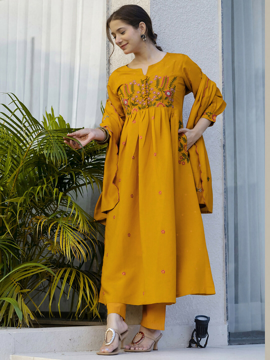 The52 Women's Beautiful Cotton Fabric Thread Work Straight Kurta Pant and Dupatta Set | Grocsy
