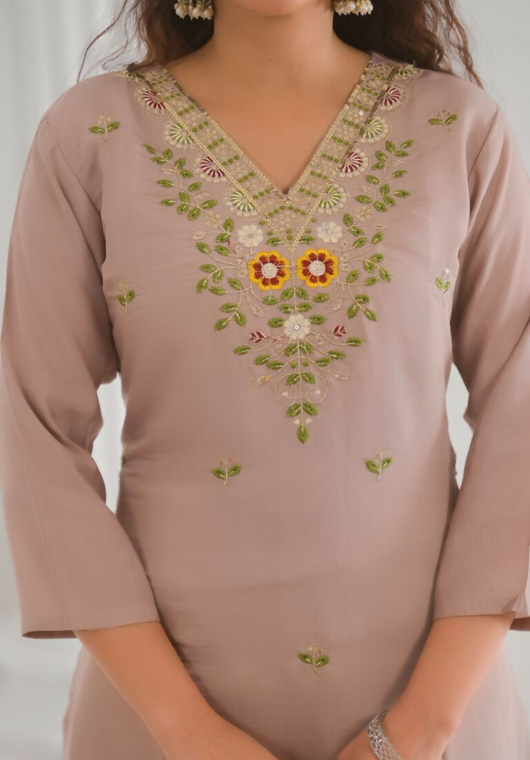 Ethnic Festive Wear Chanderi with Cotton Lining Beige Stitched Suit With Dupatta - Tanisha | Grocsy