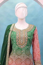 Anaita Peach Digital print with Embroidered Silk Stitched Plazo Suit | Grocsy