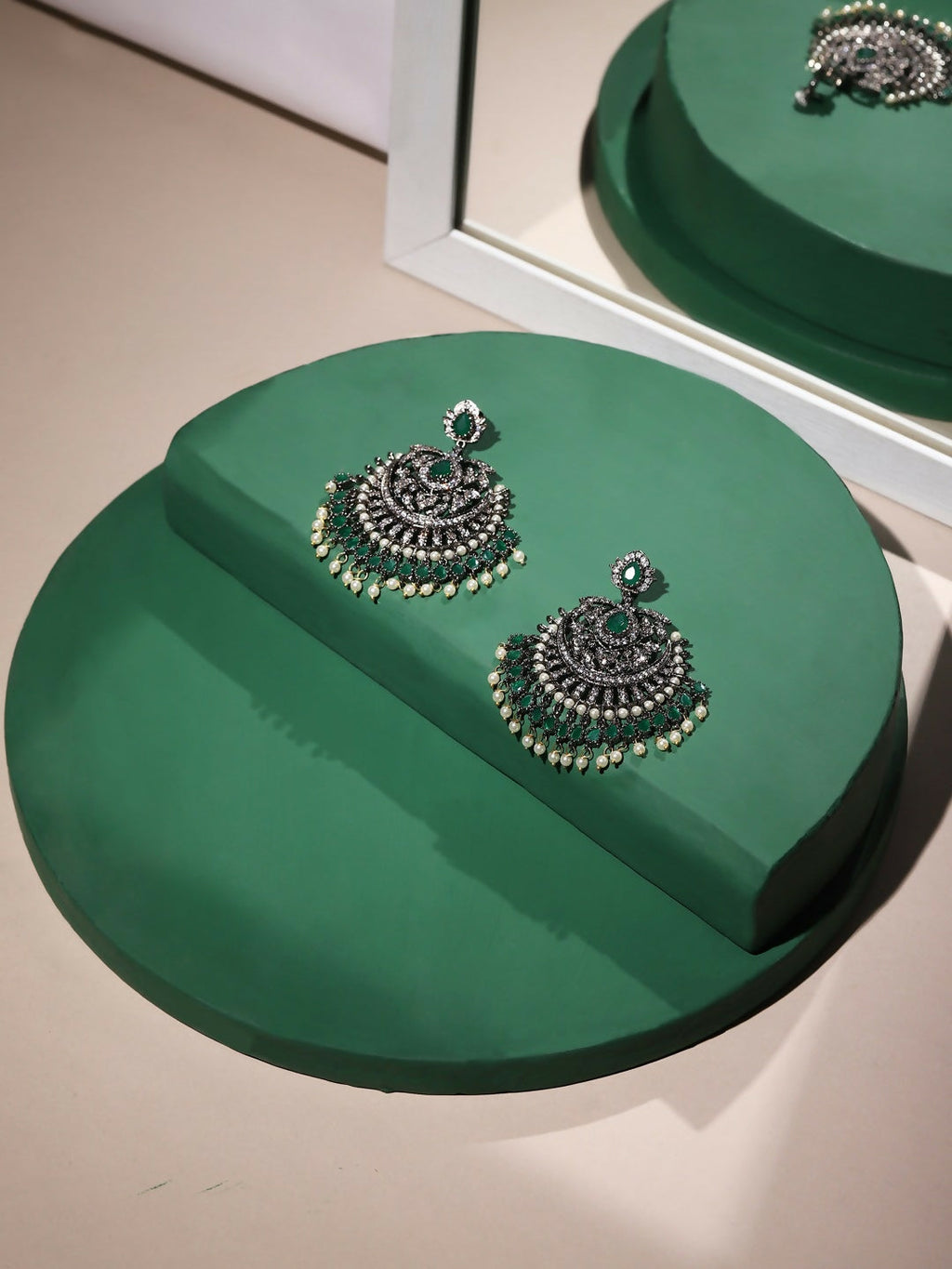 Green & Silver Diamond Chand Earrings- Ruby Raang