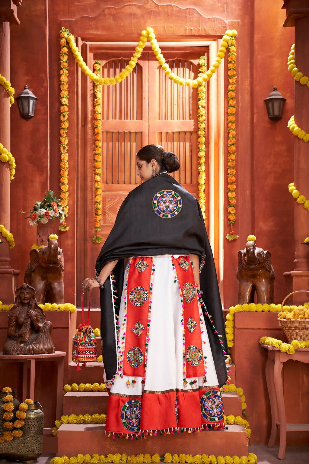 AI Fashion White Art Silk Designer Navratri Lehenga Choli Collection | Grocsy
