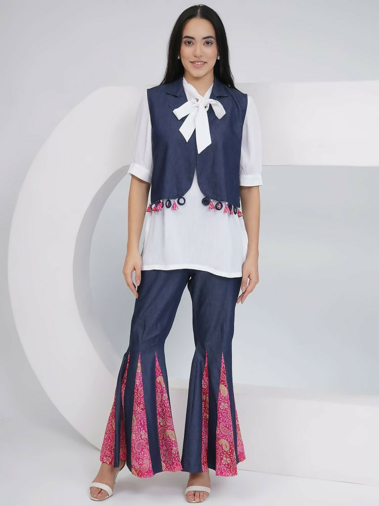 Joban Fashion White Rayon Crepe Hand-Embellished (Mirror Work) Sharara with Shirt and Jacket | Grocsy