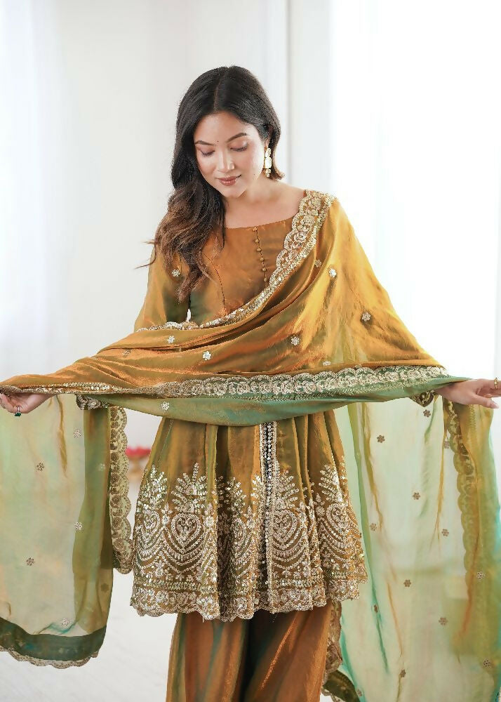 Teeya Creation Olive Color Fendy Satin Silk Embroidery Work Party Wear Salwar Suit | Grocsy
