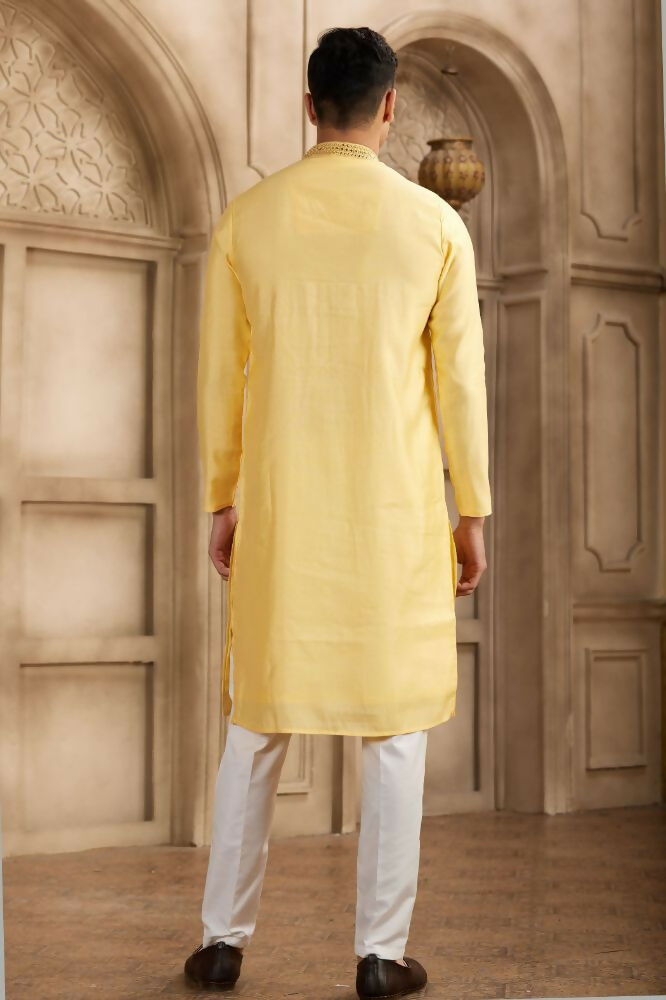 Raivat Ethnic Banarasi Art Silk Mirror Work Kurta Pajama In Yellow Colour | Grocsy