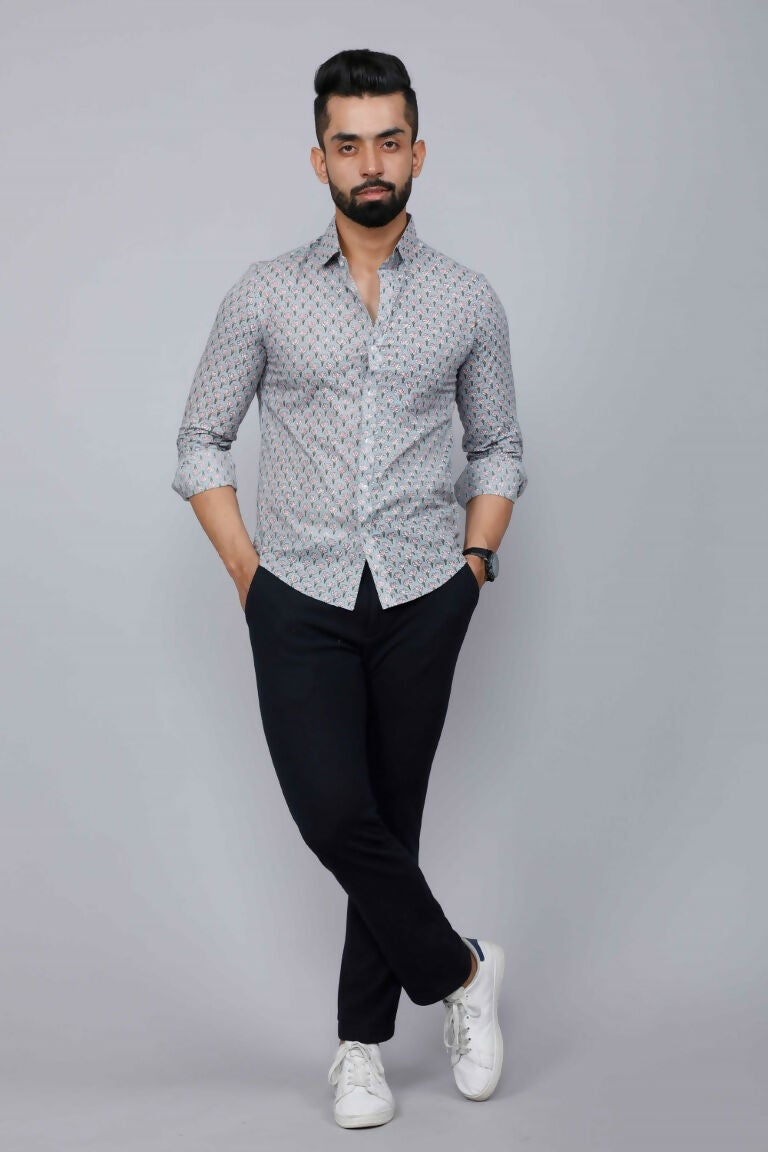 Miravan Men's Blue Pure Cotton Handblock Floral Print Shirt | Grocsy