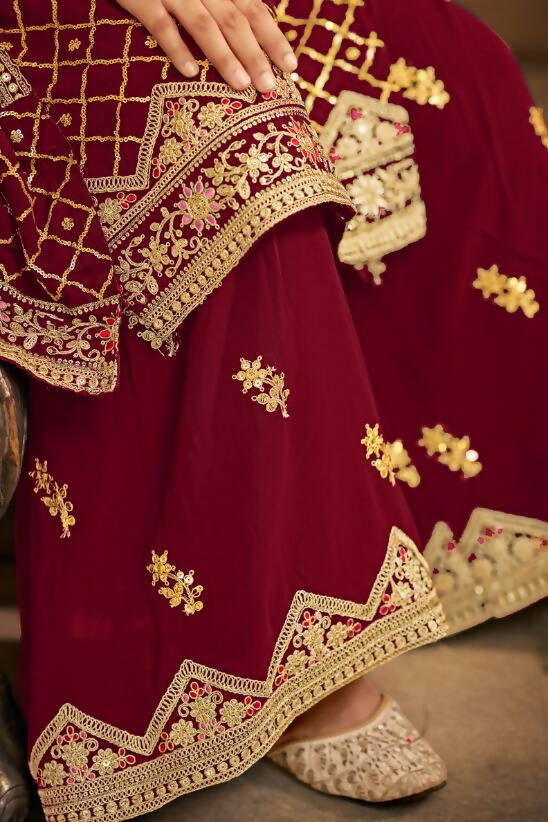Maroon Heavy Chinon Semi Stitched Kurta with Bottom & Dupatta - Dhvani | Grocsy