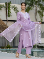The52 Lavender Women's Beautiful Thread work Rayon Fabric with Straight Kurta, Pant and Dupatta Set | Grocsy