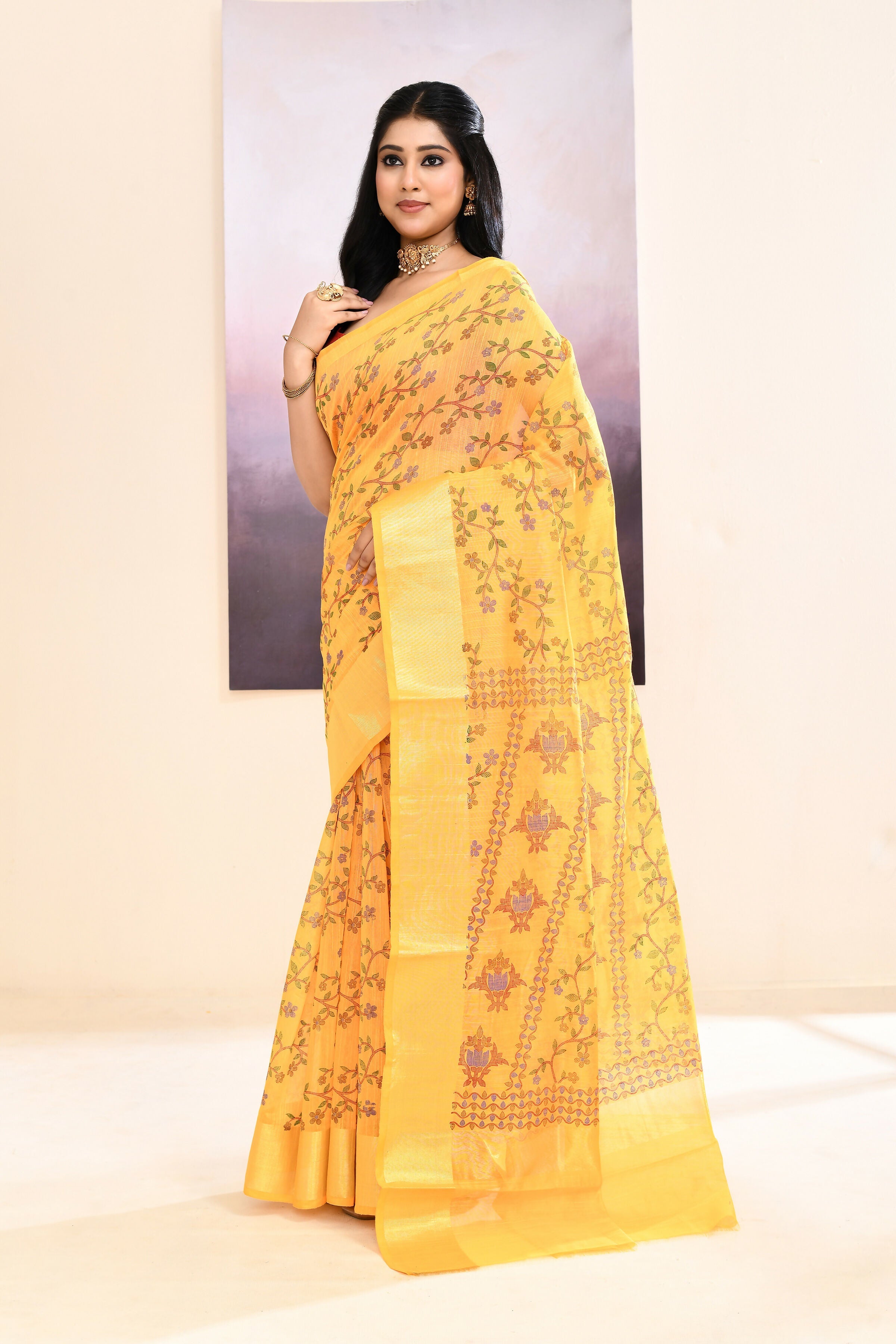Piyari Fashion Women's Yellow Embellished Cotton Blend Printed Saree | Grocsy