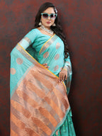 Lorenvalley Fashion Skyblue Cotton with Woven Design Zari Weaving Saree | Grocsy