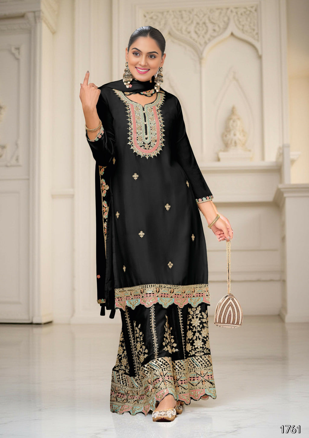 Ethnic Festive Wear Black Primium Chinon Fabric Stitched Suit With Dupatta - Zeeya | Grocsy