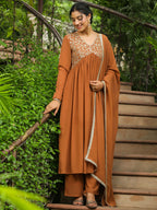 Janasya Brown Georgette Yoke Embroidery Kurta,Bottom & Dupatta | Grocsy