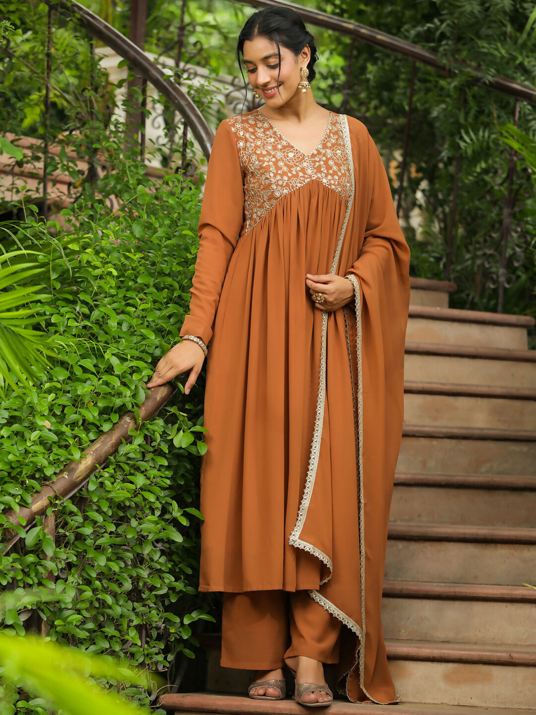 Janasya Brown Georgette Yoke Embroidery Kurta,Bottom & Dupatta | Grocsy