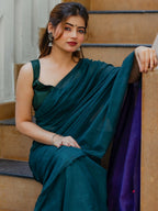 Zibaa Hand-Dyed Mul Cotton Peacock Green Saree with Tassels | Grocsy
