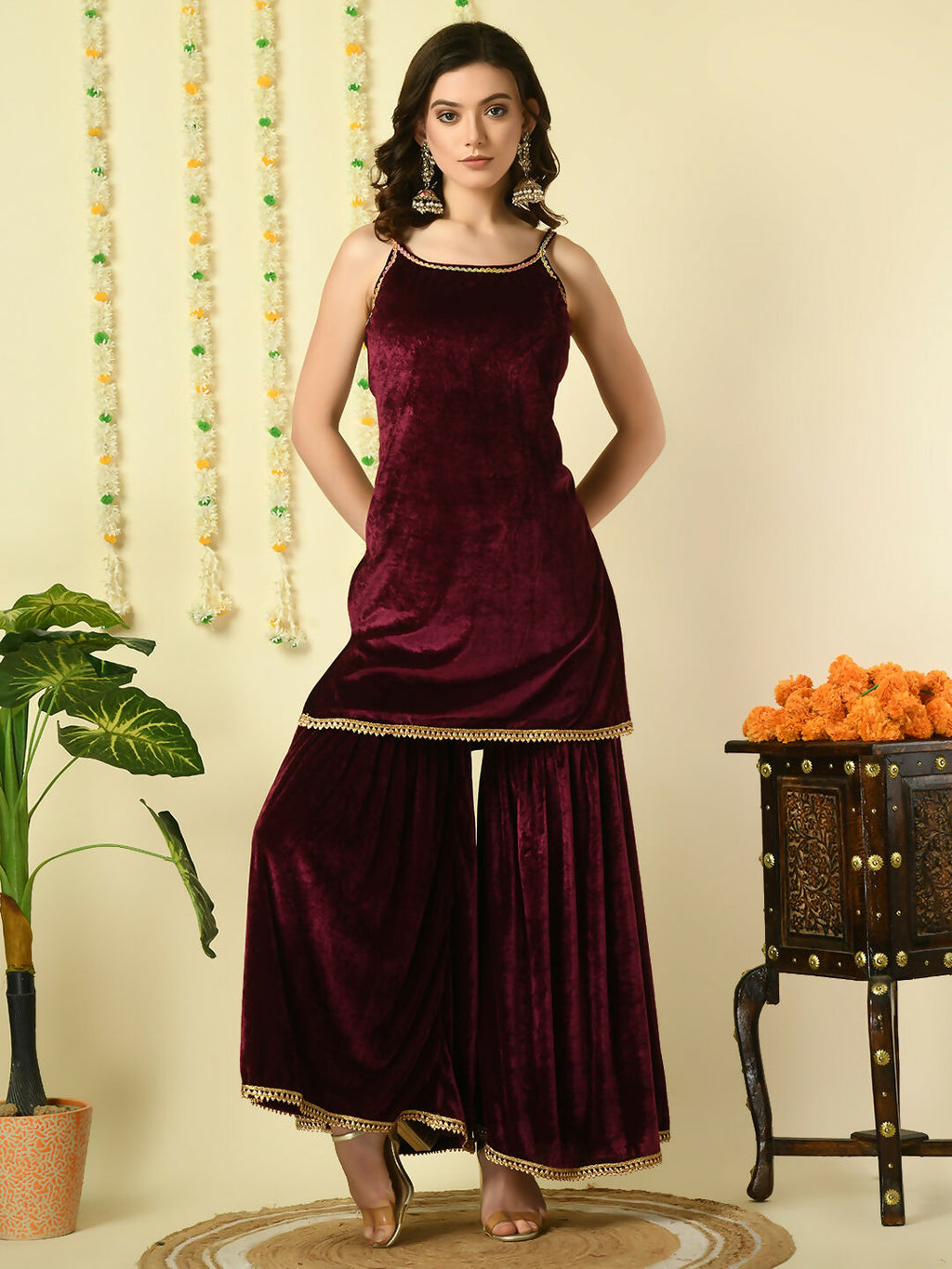 Myshka Women's Magenta Velvet Kurti & Sharara With Dupatta Party Sets | Grocsy