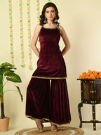 Myshka Women's Magenta Velvet Kurti & Sharara With Dupatta Party Sets | Grocsy