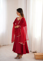 The52 Women's Gorgeous Embroidery Work Roman Silk Chanderi Fabric Flared Anarkali Pant and Dupatta Set | Grocsy