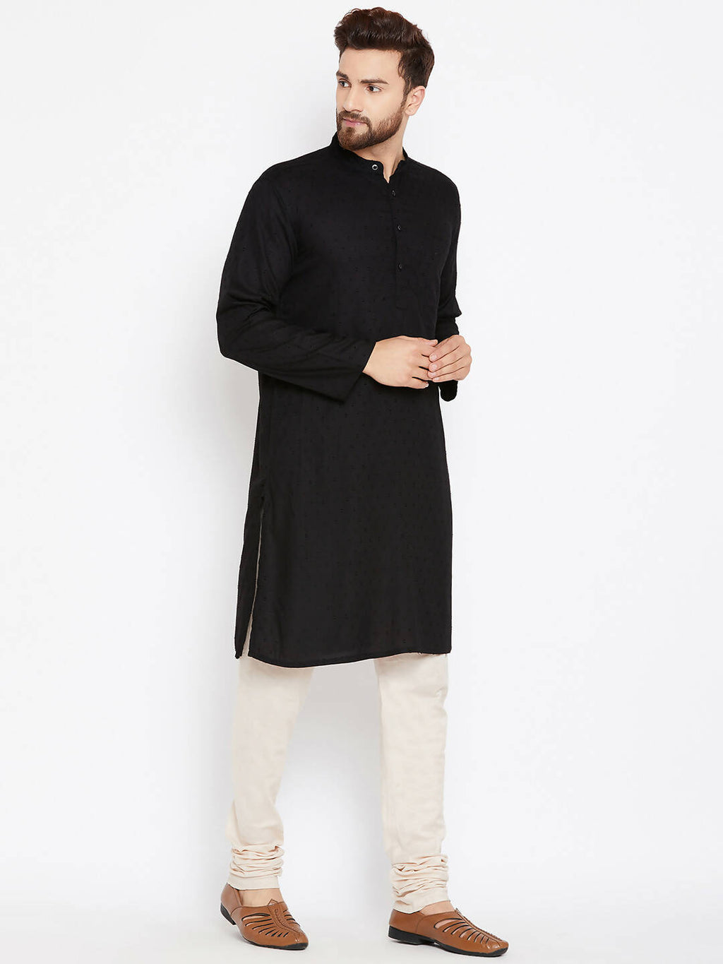 Even Apparels Black Pure Cotton Band Collar Men's Kurta | Grocsy