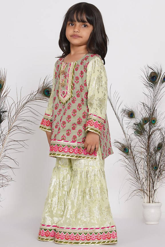Little Bansi Girls Banarsi Cotton Turkish Lacework Kurta with Foil Sharara & Dupatta - Green | Grocsy