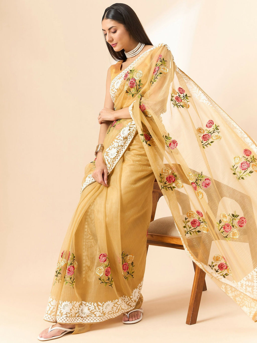 Beige Organza Floral Embroidered Saree with Unstitched Blouse Piece - Roozal | Grocsy