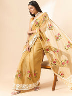 Beige Organza Floral Embroidered Saree with Unstitched Blouse Piece - Roozal | Grocsy