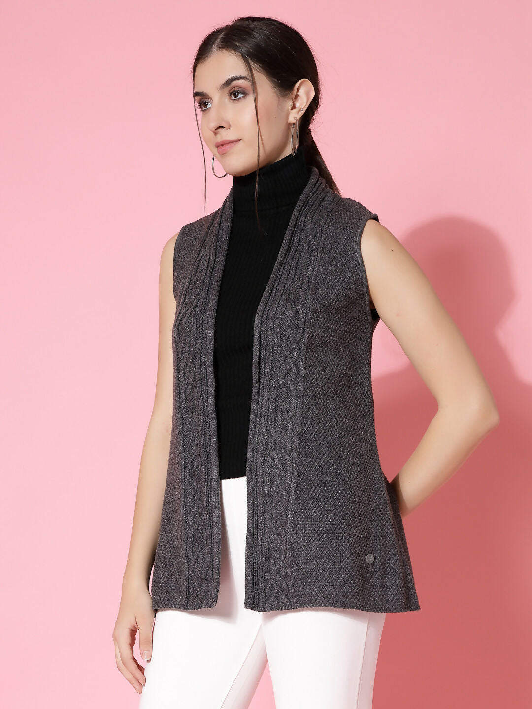 Women Charcoal Acrylic Self Design Winter Cardigan - Wool Trees | Grocsy