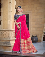 Pink Pure Viscose Weaved Silkresham , Zari And Cord Embroidery Saree - Norita Hit | Grocsy